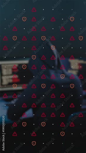Cyber attack footage of anonymous hacker typing code and breaking database with animated red warning signs and security shields overlay