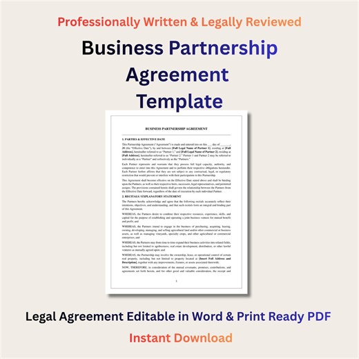 Business Partnership Agreement Template | General Partnership Contract | Legal Agreement Editable | Profit Sharing & Buy Sell Clause - Etsy