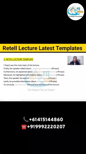 PTE UNIVERSE | EXPERT COACHING on Instagram: "PTE Retell Lecture Latest Template 🔥 Score 79+ | PTE Speaking Tips Struggling with PTE Retell Lecture? This latest template helps you organize ideas, speak fluently, and score 79+ in PTE Speaking 🎯 ✅ Easy-to-use Retell Lecture template ✅ Covers all key lecture points ✅ Improves fluency & content score ✅ Perfect for beginners & repeat test takers 🎯 One template = BIG score boost 📩 DM “RL” for full Retell Lecture strategy & mock practice #PTE #PTER