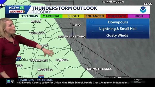 Wet and windy Tuesday. Lowering snow and thunderstorms across Northern California