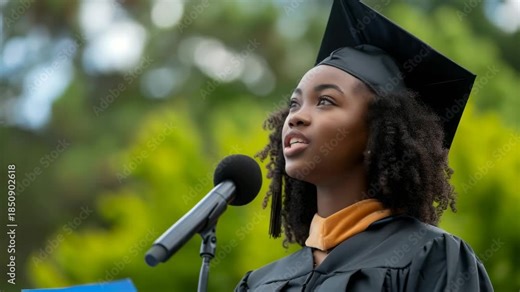 Graduation Speech: A graduate, adorned in cap and gown, delivers a passionate speech at a ceremony. capturing the essence of aspiration, achievement, and the commencement of a new chapter.