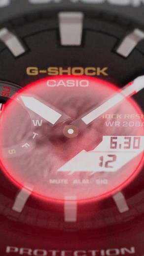 A simple and streamlined watch with octagonal bezel. The original color scheme is faithfully reproduced with touches of G-SHOCK red, representing the passion to take on challenges; blue, symbolizing excellent water resistance; and yellow, signifying outstanding shock resistance. #CASIO #GSHOCK #absolutetoughness #ga2100rl https://www.casio.com/intl/watches/gshock/product.GA-2100RL-1A/ | CASIO G-SHOCK