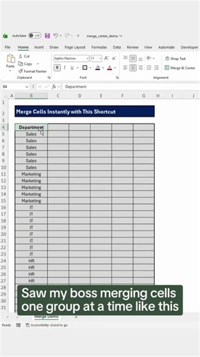 How to merge multiple cells at once using this shortcut. 😅Download my FREE Excel Shortcut Guide 👉🏼 https://t.co/XY24gRvvsb#excel #exceltips #mergecells #excelhacks #tutorial