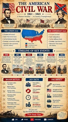 📜 The American Civil War (1861–1865) 🇺🇸 | History Timeline Infographic | #Shorts