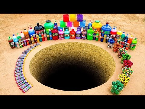 Experiment : Giant Mirinda, Pepsi, Fanta, Schweppes, Coca Cola vs Mentos in Underground Hole