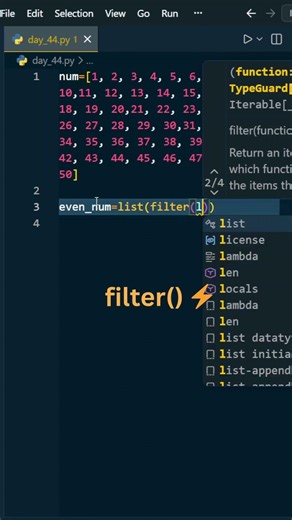 "Day 44: Get Even Numbers in 1 Line using filter() 💡" #shorts
