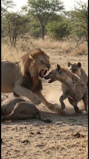Lion Defends Prey From Hyenas