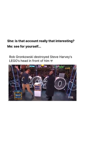 Dark History Videos on Instagram: "On New Year’s Eve in Times Square, Rob Gronkowski walked onto Fox’s stage in a football uniform, grabbed a LEGO head of Steve Harvey, did a touchdown dance, and spiked it into the floor like a football. The LEGO bust exploded into pieces on live TV. Steve Harvey just stared at him, totally shocked and pissed, saying “Why is he here? What is wrong with you?” while the crowd gasped. The clip instantly went viral. Headlines everywhere read “Gronk spikes Steve Harv