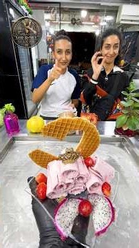 #Cute Girls Get Playful Over Dragon Fruit & Strawberry Rolled #icecream 🍓🐉😂 So #Funny ! #Satisfying