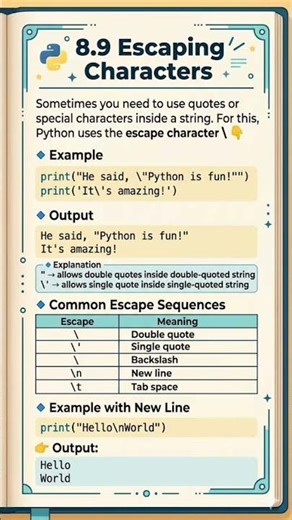 Python Escape: Use \\ to add quotes in strings " '. \\n = new line, \\t = tab. Backslash= \\. #python 🚀