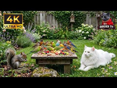 Cat TV No Ads 🐦 Birds & Squirrels Enjoying Seeds at Garden Feeder 🐿️ Relaxing Wildlife 4K HDR
