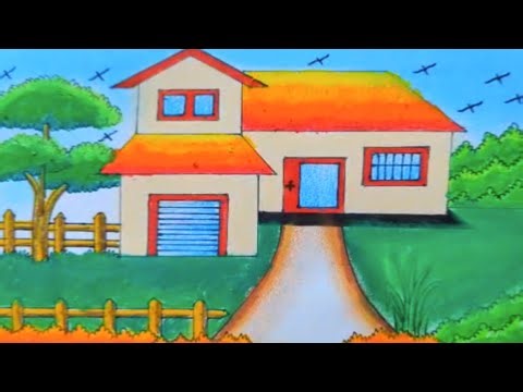 How to Draw Beautiful House Drawing Easy Step by Step | Village Scenery Drawing with Oil Pastel