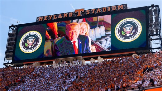 Trump pumps fist on Jumbotron at Tennessee football game vs Texas in Neyland Stadium