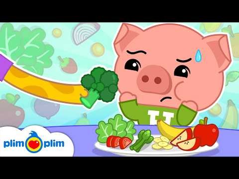 🍎🍌 Apples, Bananas, Broccoli 🥦 Little Pig Tries Healthy Fruits & Veggies | Plim Plim Kids Songs