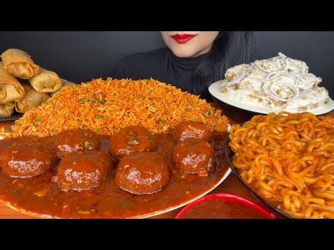 ASMR EATING SPICY FRIEDRICE,MANCHURIAN,SOICY NOODLES,MALAI MOMO,CRISPY SPRING ROLL