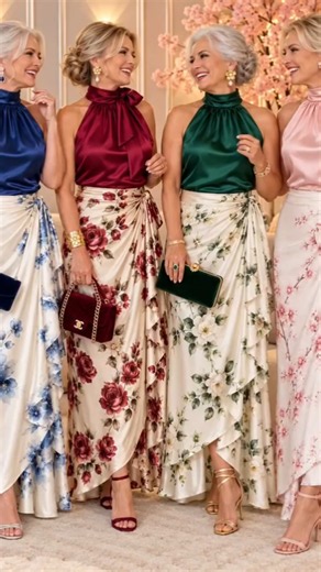 Satin Tops & Floral Maxi Skirts Over 60. Elegant Outfit Ideas