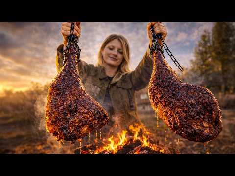 Cooking Juicy Turkey Over Open Fire - Rural France