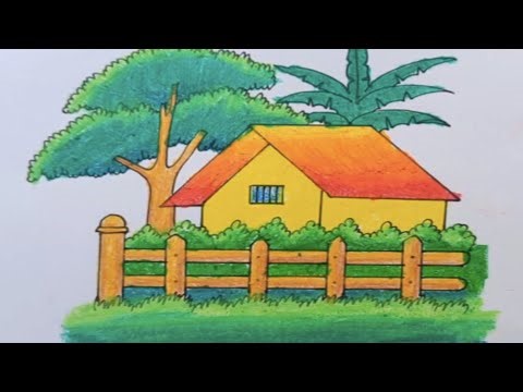 How to Draw Village House Drawing Easy Step by Step | Simple Nature Scenery Drawing for Beginners