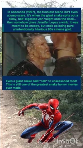 In Anaconda (1997), the funniest scene isn't even a jump scare. It's when the giant snake spits