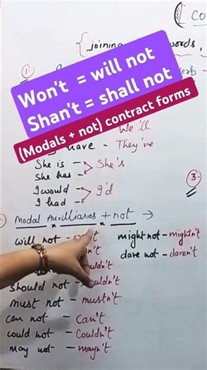 won't= will not hota h ,...shan't= shall not hota h.... modals + not ki contract forms सीखते हैं 👍💁