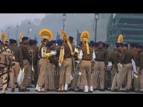 Military brass band marches during Republic Day rehearsal on Kartavya Path