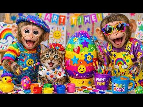 Monkey Dodo Paints a Giant Rainbow Egg with Monkey Friend and Kitty | DoDo Monkey Life