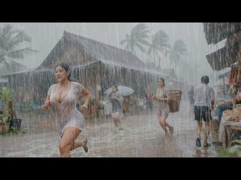 EXTREME WEATHER in Indonesia ⚡ Torrential Rain & Thunderstorm | Village Rain ASMR