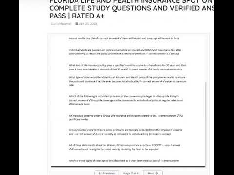 FLORIDA LIFE AND HEALTH INSURANCE SPOT ON EXAM SOLUTIONS COMPLETE STUDY QUESTIONS AND VERIFIED ANSWE