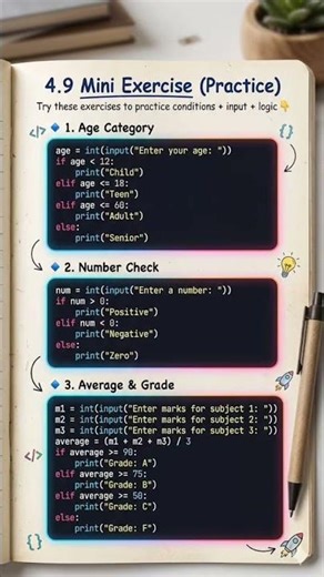 "4.9 Mini Exercise, Practice conditions, input & logic with 3 fun Python Challenges!#python #coding"