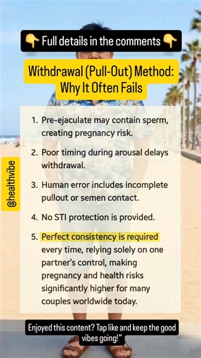 Why the Pull-Out Method Often Fails The withdrawal method seems simple, but it comes with real risks many people don’t realize. Knowing the facts helps you make smarter, safer choices about protection and planning. #SexEducation #ReproductiveHealth #SafeChoices #HealthAwareness #KnowTheFacts | HealthVibe Daily
