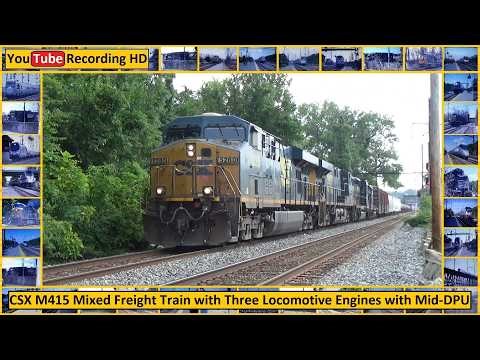 CSX M415 Mixed Freight Train with Three Locomotive Engines with Mid-DPU - YouTube Recording HD