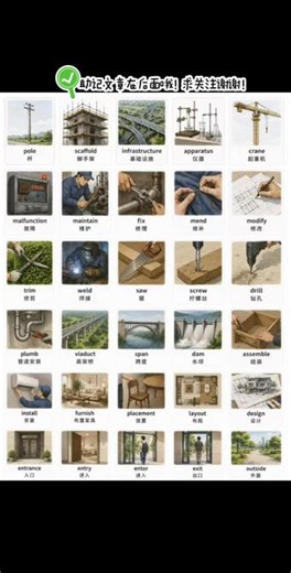 IELTS episode 66| 建筑工地的一天——在建筑工地上，工程师检查了新 →基础设施 的 →布局。主 →入口 很繁忙，工人们开始 →进入。一台高大的 →起重机 吊起一根沉重的钢 →杆。旁边，一名工人爬上 →脚手架 去 →安装 一个 →装置。突然，起重机的马达开始 →出现故障。团队不得不迅速 →维护 并 →修理 它。他们还需要 →修补 一根受损的横梁。一名焊工准备 →焊接 接口，而另一人则