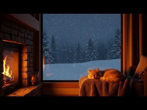 Snow Falling Outside Window ❄️ Cozy Winter Ambience, Fireplace Sounds & Cat Purring