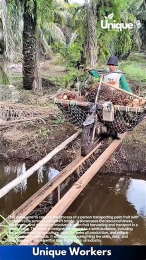 Man Transports Heavy Palm Fruit Load Across Narrow Wooden Bridge on Motorcycle