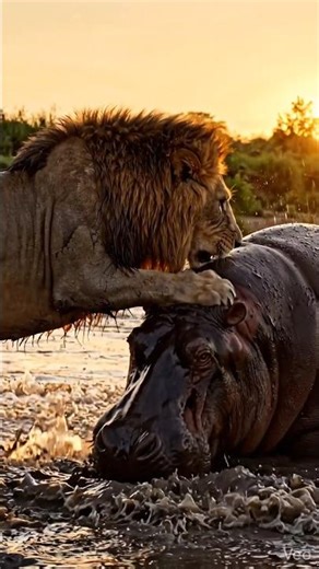 Lion Ferociously Bites Hippo in African River#LionAttack #HippoVsLion #WildlifeBattle