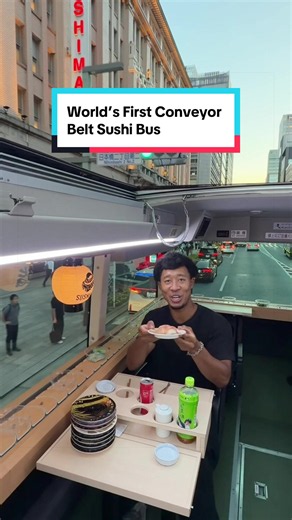 I tried the world’s first conveyor belt sushi bus in Tokyo. For 70 minutes, I got all-you-can-eat sushi while cruising past some of Tokyo’s most iconic landmarks. Would you actually try sushi on a moving bus? #japan #tokyo #sushi