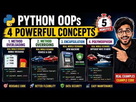 🚀 Python OOPs Explained in 5 Minutes | Method Overloading, Overriding, Encapsulation & Polymorphism