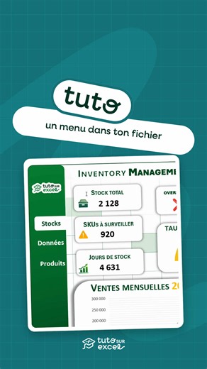 Ton classeur a douze onglets et tu passes ton temps à les chercher en bas 😅 Dans celui-là, il y a un menu sur la gauche. Tu cliques sur Stocks, tu es sur les stocks. Tu cliques sur Données, tu y es Ce n’est pas une macro et ce n’est pas un complément. C’est une forme, une zone de texte, et un lien vers une feuille du même fichier Insertion, Formes pour le fond. Insertion, Zone de texte pour le mot. Puis clic droit, Lien, Emplacement dans ce document Trois minutes à faire, et le fichier ne resse