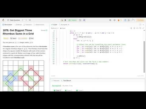 Daily leetcode problem solution for 1878 Get Biggest Three Rhombus Sums in a Grid in C++ Java PYTHON