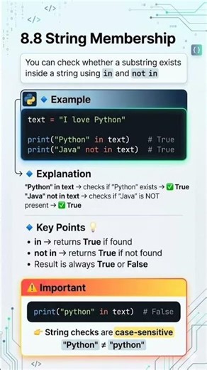 "Python 'in' checks if substring exists: "Python" in text = True. Case sensitive #python #coding 🚀"