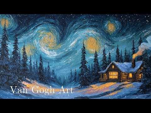 Van Gogh Style Snow Painting | 3-Hour Animated Winter Loop | Relaxing Snowfall TV Frame