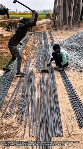 Manual Steel Bar Cutting: Workers Use Hammer Force on Rebar Rods