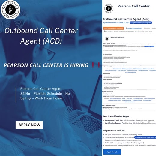Customer Service Representative – Bilingual (English/Spanish) 📌 Pearson Call Center is HIRING ❗❗ 📍 Remote – Multiple U.S. States 💼 1099 Independent Contractor 🕒 Flexible Weekday & Weekend Hours 💰 $17.00/hour 🌎 Bilingual: English / Spanish 📩 Apply Here: https://pearsoncallcenter.com/job/customer-service-representative-bilingual-english-spanish/ Pearson Call Center is hiring Bilingual (English/Spanish) Customer Service Representatives for a remote healthcare scheduling program 🏥📞 This 109