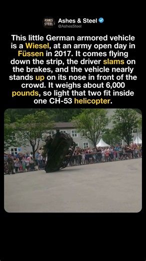 This tiny armored vehicle brakes so hard it nearly stands up in front of a crowd