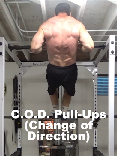 C.O.D. Pull-Ups (Change of Direction)...this setup allows you to change the direction of tension on the lats and upper back partway through the rep in order to more completely work the back. You start with a vertical pull exercise (the pull-up) then at the top of that, you set your feet on a bar set up on the J hooks (or rails) of the power rack in order to create a new pivot point that allows you to pull more horizontally. It almost creates a