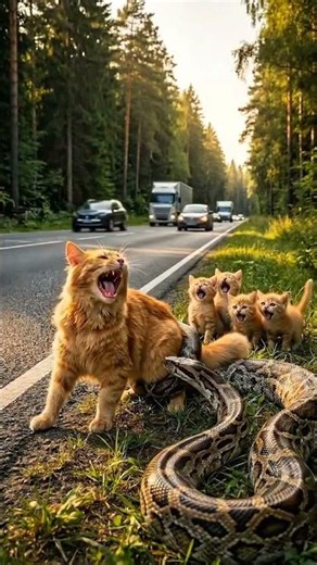 Mother Cat Protects Her Kittens from a Huge Snake! 😱