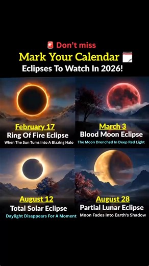 😍🤩4 spectacular Eclipses to Watch and Witness in 2026! #space #nasa #solareclipse #lunareclip FEBRUARY 17Ring Of Fire EclipseWhen The Sun Tums Into A Blazing HaloMARCH 3Blood Moon EclipseThe Moon Drenched In Deep Red LightAUGUST 12AUGUST 28Total Solar EclipseDeep Partial Lunar EclipseDaylight Disappears For A MomentThe Moon Fades Into Earth's ShadowFOUR Breathtaking Sky Events You Can't Miss! #nasa #esa #viralreelsシ #usreels #usareels #solarsystem #ringoffire #solareclipse #lunareclipse #2026r