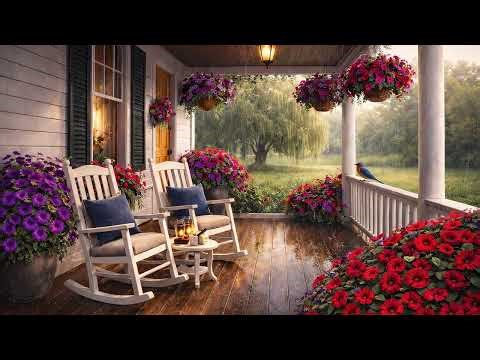 Southern Porch Rain Ambience Deep Purple and Red Flowers Willow Tree Singing Birds 3 Hours