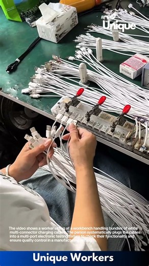 Quality Testing USB Charging Cables: Worker Using Multi-Port Test Jig