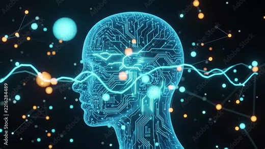 Futuristic AI artificial intelligence head profile, digital human brain network, glowing cyber mind technology concept background
